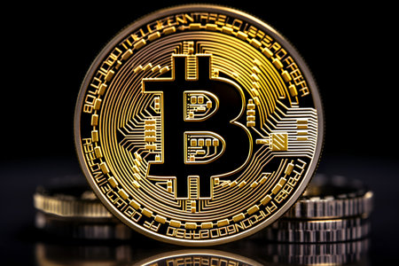Bitcoin coins on a black background. Cryptocurrency bitcoin. Blockchain technology. Close up. AI generationの素材