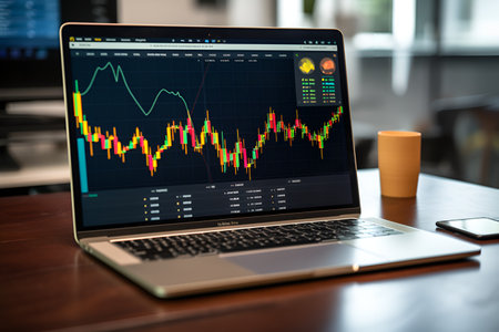 Graph of the crypto market, on a laptop screen. Cryptocurrency. AI generationの素材