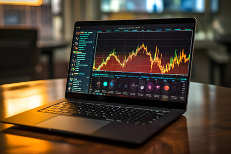 Graph of the crypto market, on a laptop screen. Cryptocurrency. AI generationの素材