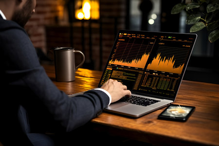 Graph of the crypto market, on a laptop screen. Cryptocurrency. AI generationの素材