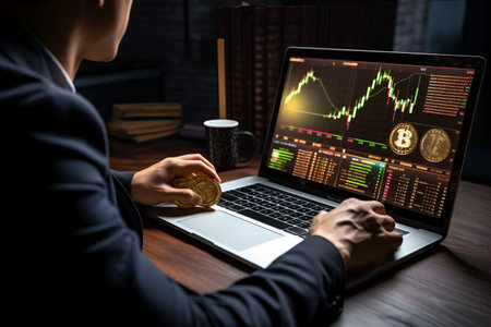 Graph of the crypto market, on a laptop screen. Cryptocurrency. AI generationの素材