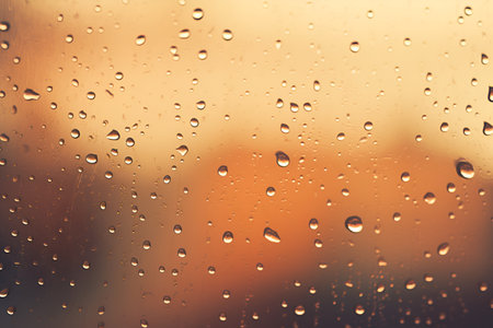Raindrops on the window, against the backdrop of sunset. AI generationの素材
