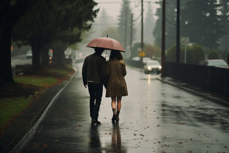 A couple under an umbrella walking through a rainy park on an autumn evening. AI generationの素材