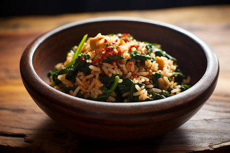 Fried kampung rice with spinach without garnish in a plate, on a wooden tableの素材
