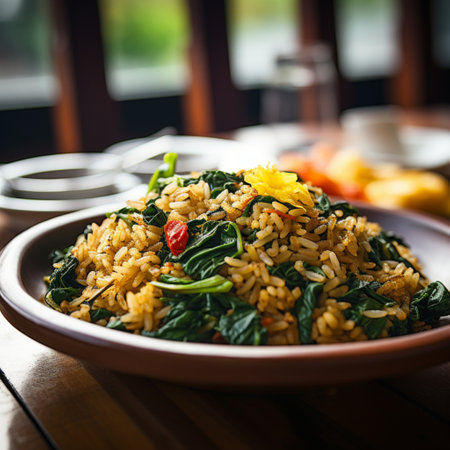 Fried kampung rice with spinach without garnish in a plate, on a wooden tableの素材