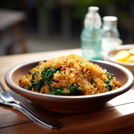 Fried kampung rice with spinach without garnish in a plate, on a wooden tableの素材