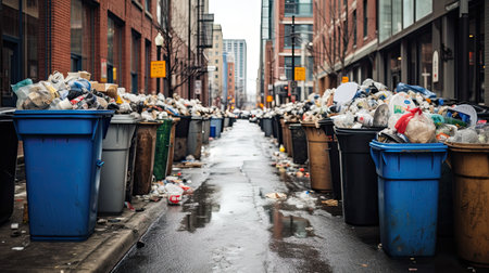 full trash can standing on the sidewalk of the street, environmental pollution. Ecologyの素材