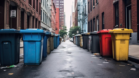 full trash can standing on the sidewalk of the street, environmental pollution. Ecologyの素材