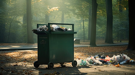 The trash can is filled with garbage and waste in the park. environmental pollutionの素材
