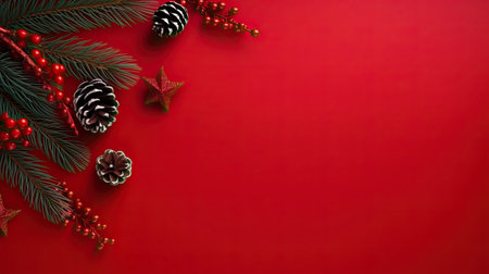 Christmas background. The background is red, against the background of a Christmas tree with toys and cones. There is space for textの素材