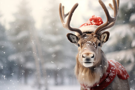 A deer in a Santa Claus hat, against the backdrop of a winter forest. New year concept.の素材
