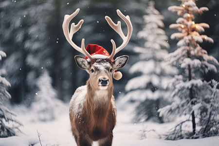 A deer in a Santa Claus hat, against the backdrop of a winter forest. New year concept.の素材