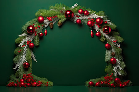 Christmas frame made of fir branches, decorated with balls, on a green background. New year conceptの素材