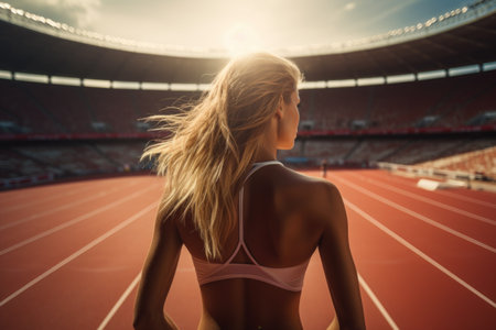 Young woman running during sunny evening on stadium trackの素材