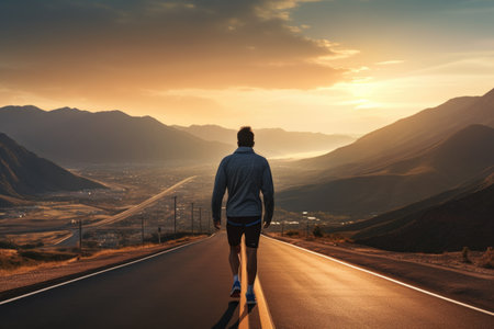 Man running along the road during sunset in the mountainsの素材