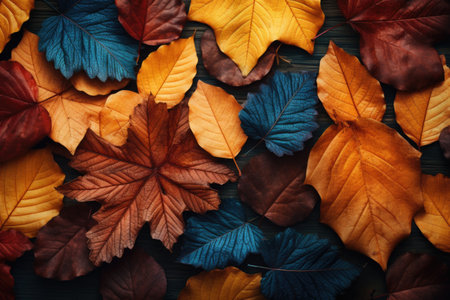 Red and orange autumn leaves. Autumn background. Place for text.の素材