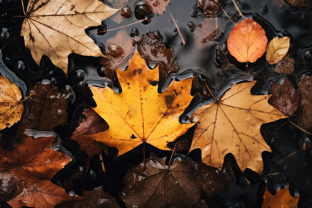 Autumn leaves in a puddle after rain. Autumn background.の素材