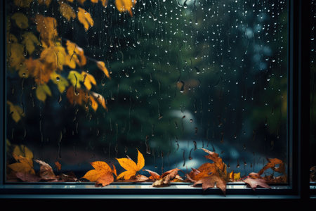 Wet window with drops after rain and stuck leaves.の素材