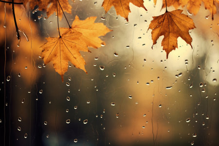 Wet window with drops after rain and stuck leaves.の素材