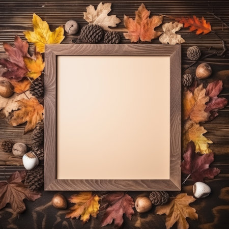 Frame for text with autumn maple leaves on vintage wooden planks.の写真素材