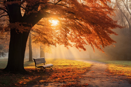 Beautiful romantic alley in a park with colorful trees and sunlight. autumn natural backgroundの素材