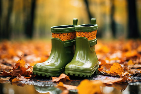 The legs of a child in rubber boots walk through puddles in the rain.の素材