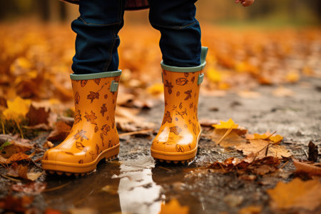 The legs of a child in yellow rubber boots walk through puddles in the rain.の素材
