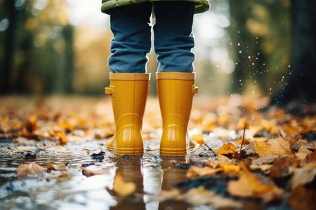 The legs of a child in yellow rubber boots walk through puddles in the rain.の素材