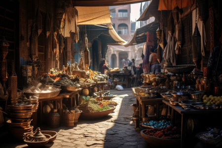 Traditional street stalls at the bazaar. Eastern style. Vegetables, fruits, spices.の素材