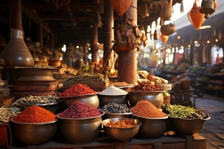 Traditional street stalls at the bazaar. Eastern style. Vegetables, fruits, spices.の素材