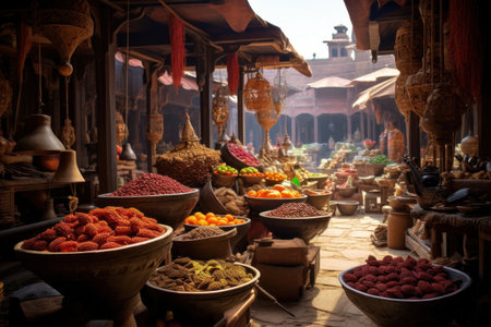 Traditional street stalls at the bazaar. Eastern style. Vegetables, fruits, spices.の素材