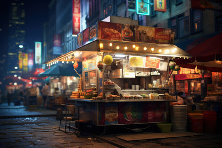 Counter with takeaway street food, on the streets of the night cityの素材