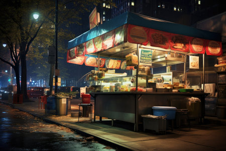 Counter with takeaway street food, on the streets of the night cityの素材