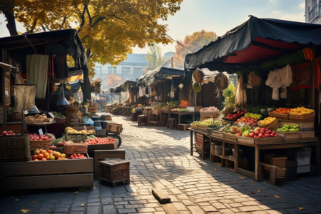 Stalls of the street market, on the streets of the city. Sell productsの素材