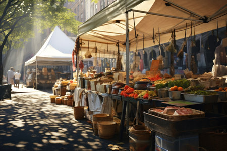 Stalls of the street market, on the streets of the city. Sell productsの素材