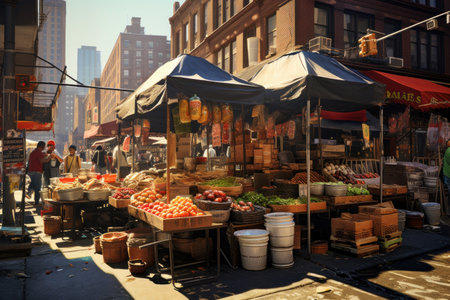 Stalls of the street market, on the streets of the city. Sell productsの素材