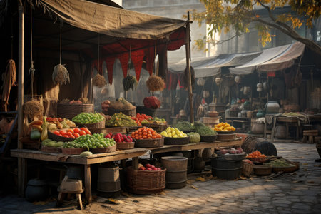 Stalls of the street market, on the streets of the city. Sell productsの素材