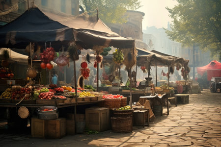 Stalls of the street market, on the streets of the city. Sell productsの素材