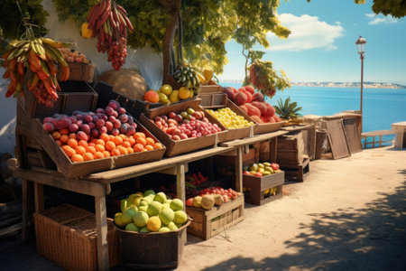 Sale of vegetables and fruits in the store. Showcase on the promenade near the seaの素材