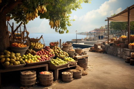 Sale of vegetables and fruits in the store. Showcase on the promenade near the seaの素材