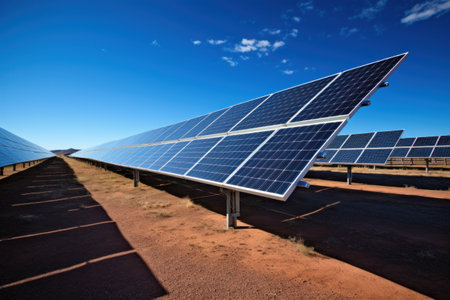 Solar panels on the background of a blue cloudy sky. solar power plant. Solar farm in the field.の素材