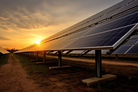 Solar panels on the background of a blue cloudy sky. solar power plant. Blue solar panels. Alternative source of electricity. Solar farm in the field.の素材