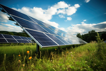 Solar panels on the background of a blue cloudy sky. solar power plant. Blue solar panels. Alternative source of electricity. Solar farm in the field.の素材