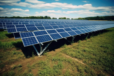 Solar panels on the background of a blue cloudy sky. solar power plant. Blue solar panels. Alternative source of electricity. Solar farm in the field.の素材