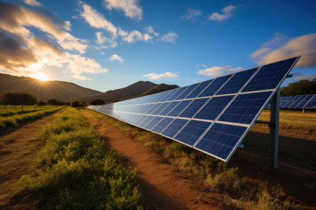 Solar panels on the background of a blue cloudy sky. solar power plant. Blue solar panels. Alternative source of electricity. Solar farm in the field.の素材