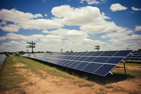 Solar panels on the background of a blue cloudy sky. solar power plant. Blue solar panels. Alternative source of electricity. Solar farm in the field.の素材