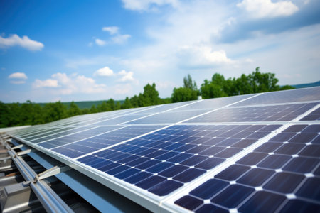 Solar panels on the background of a blue cloudy sky. solar power plant. Blue solar panels. Alternative source of electricity. Solar farm in the field.の素材