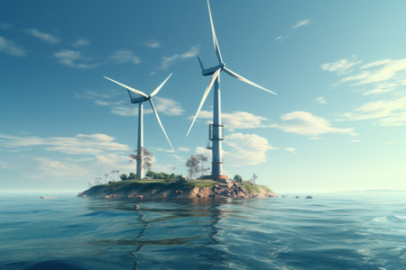 Wind farm with wind turbines in the sea.の素材