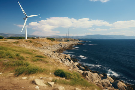 Wind farm with wind turbines in the sea.の素材