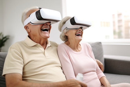 Happy elderly couple having fun in virtual reality glassesの素材
